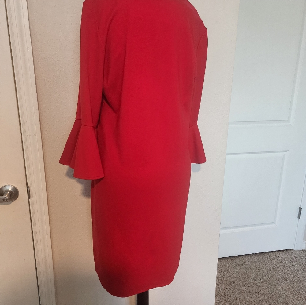 Jude Connally Red V-Neck Dress with Bell Sleeves - Picture 5 of 10